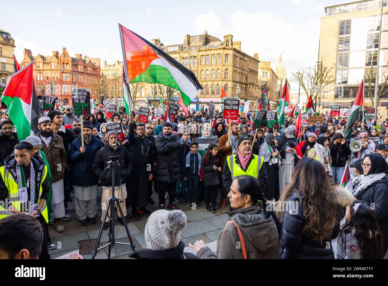 Bradford, UK. 24 FEB, 2024. Assembled Pro Palestinian crowd at the Centenary Square conclusion point for march. Credit Milo Chandler/Alamy Live News Stock Photo