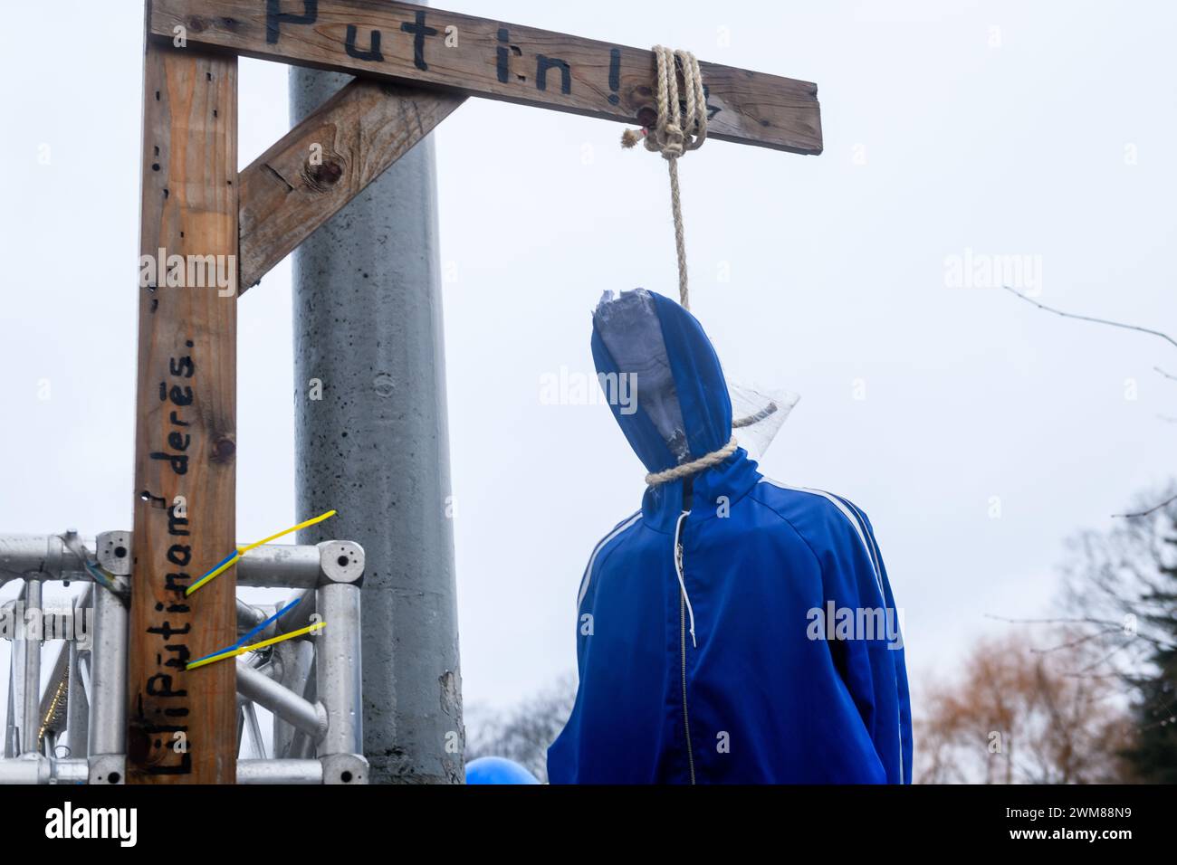 RIGA, LATVIA. 24th February 2024. Puppet of Russian president Vladimir Putin hanged in front of Embassy of Russia in Latvia. 2 years since Russia started brutal war against Ukraine. Stock Photo