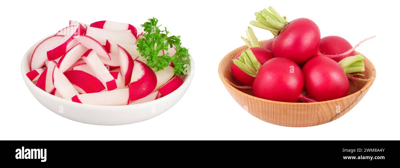 Radish slices in ceramic bowl isolated on white background with full depth of field Stock Photo