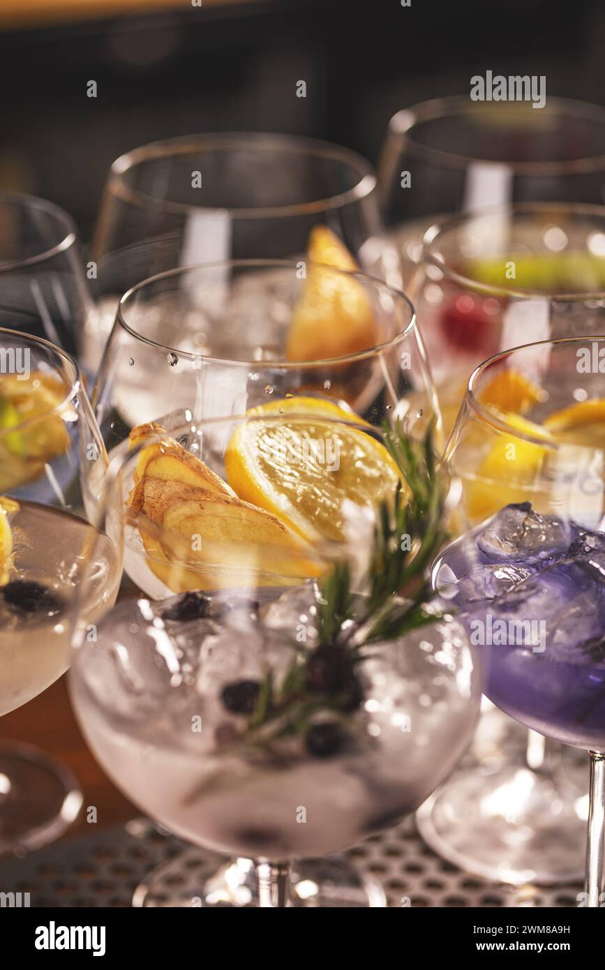 Gin tonic long drink cocktail in various forms with garnish in individual glasses Stock Photo