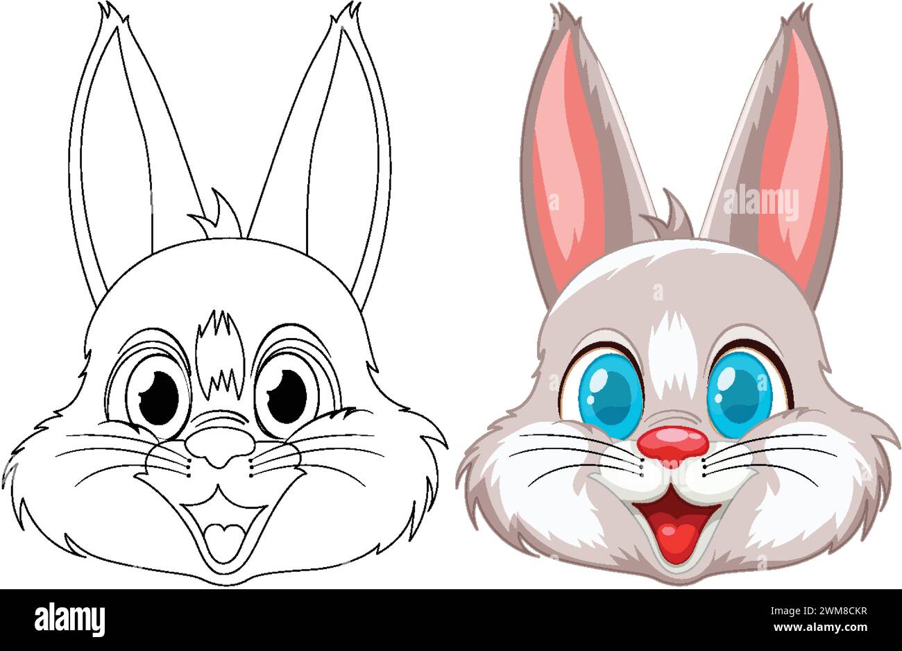 Illustration of rabbit transformation from line art to color stock