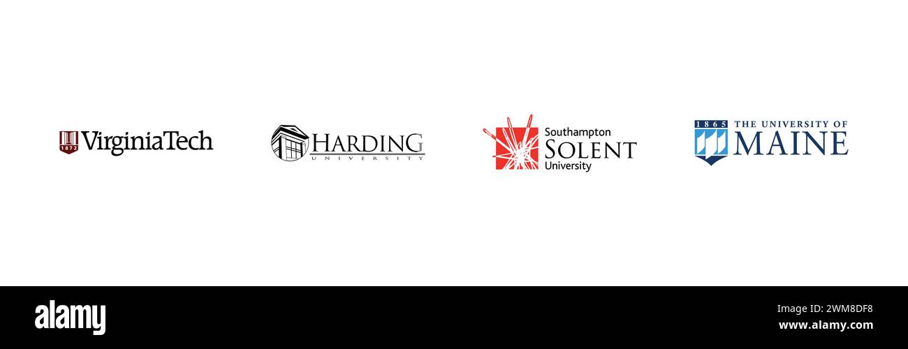 Southampton Solent University, Harding University, University of Maine, Virginia Tech,Popular brand logo collection. Stock Vector