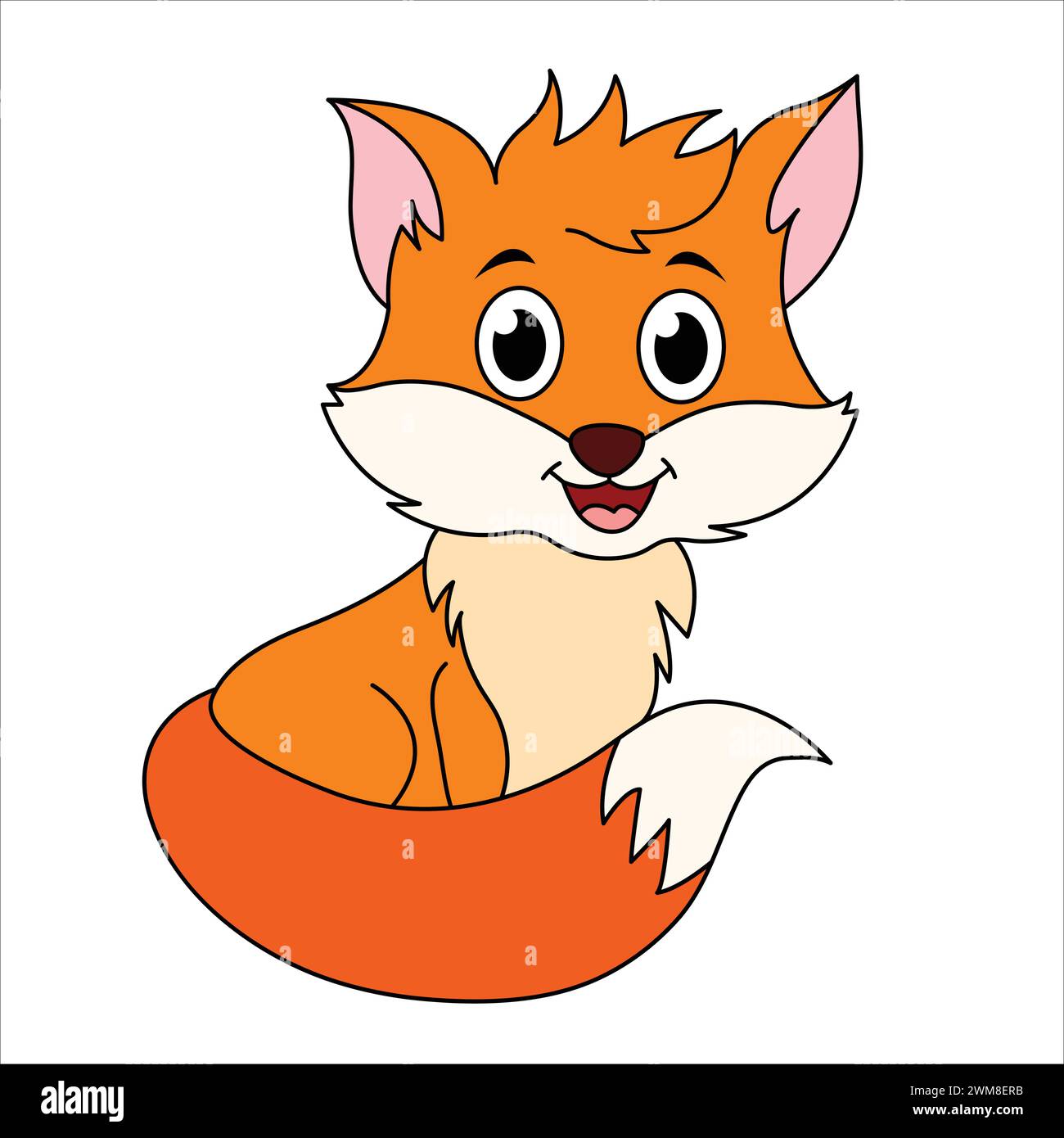 Cute Fox Cartoon Sitting. Kawaii Fox Cub Illustration For Children. Forest Animal Background Stock Vector