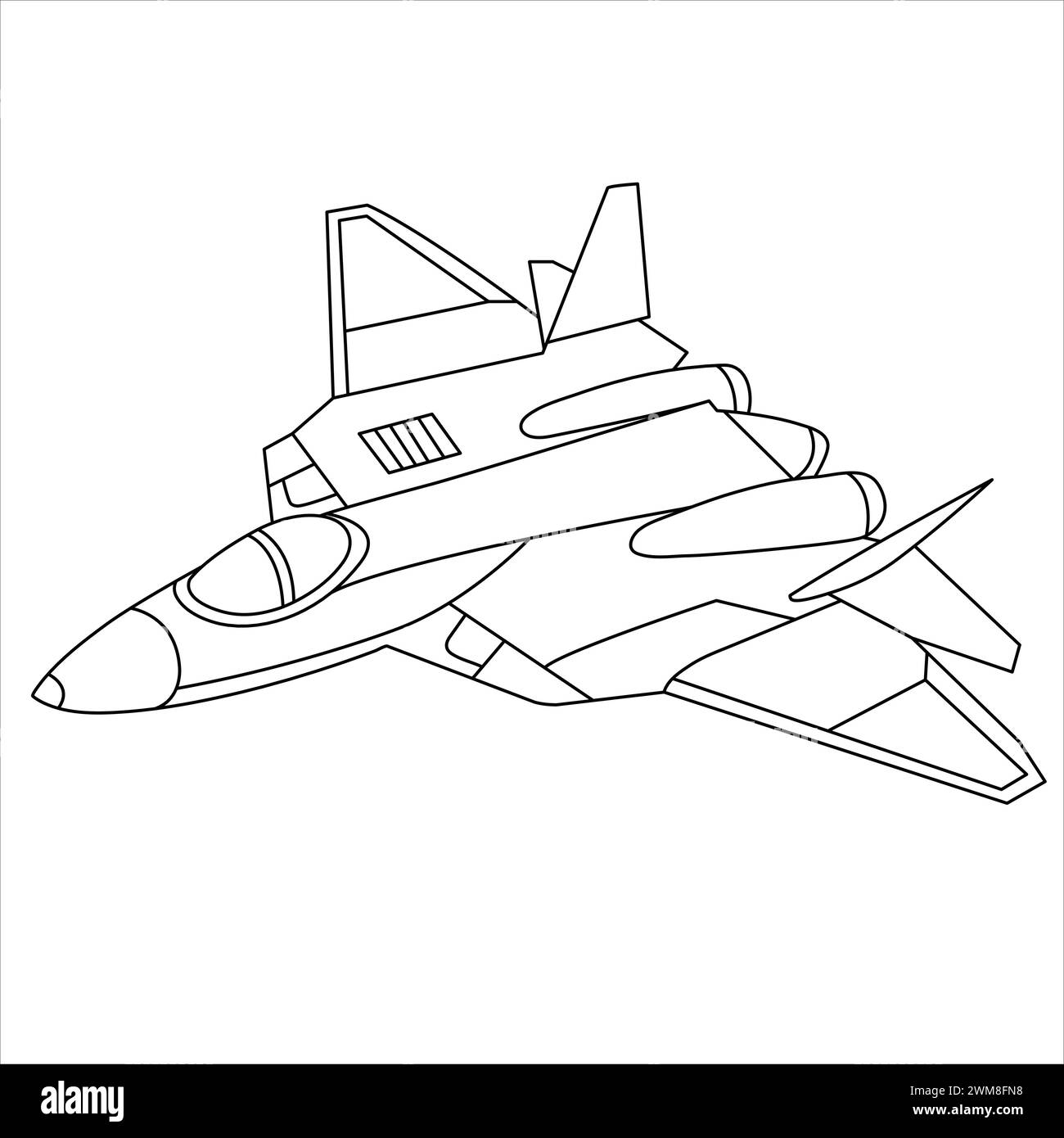 Military Aircraft Coloring Book For Children And Adults. Air Fighter Outline Design. Cartoon Airplane Isolated on White Background. Fighter Jet Draw Stock Vector