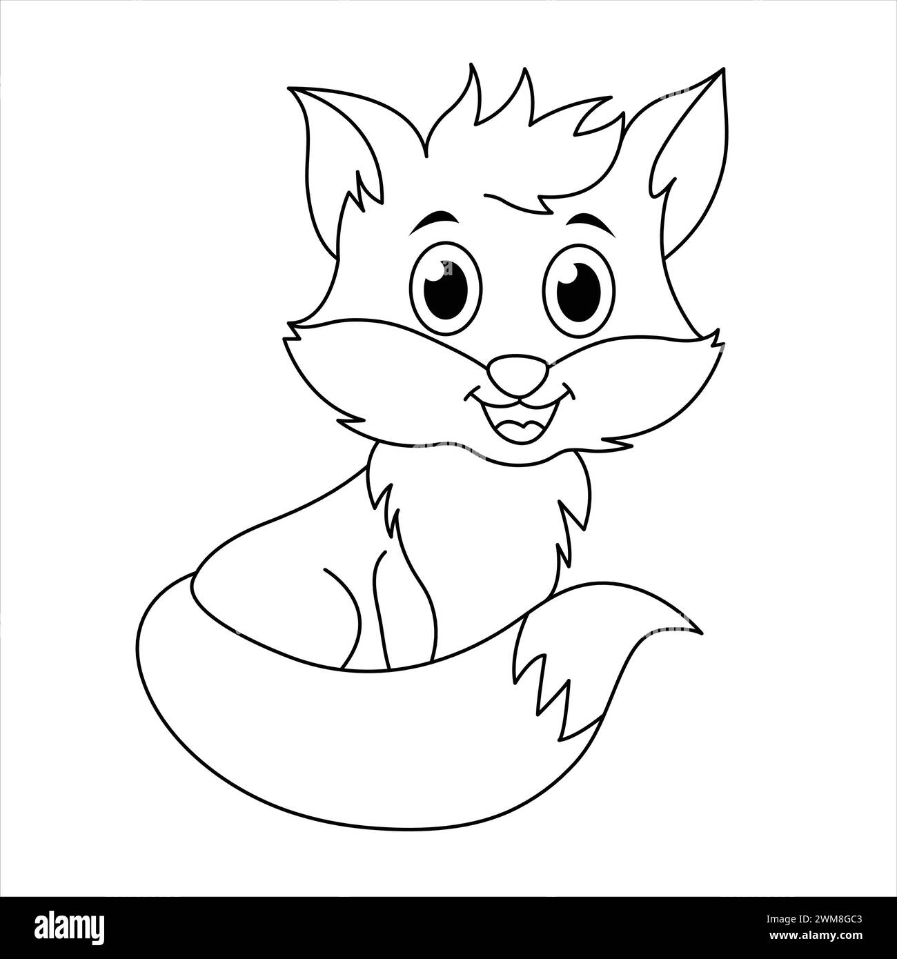 Cute Fox Coloring Page. Cartoon Fox Illustration For Children. Kawaii