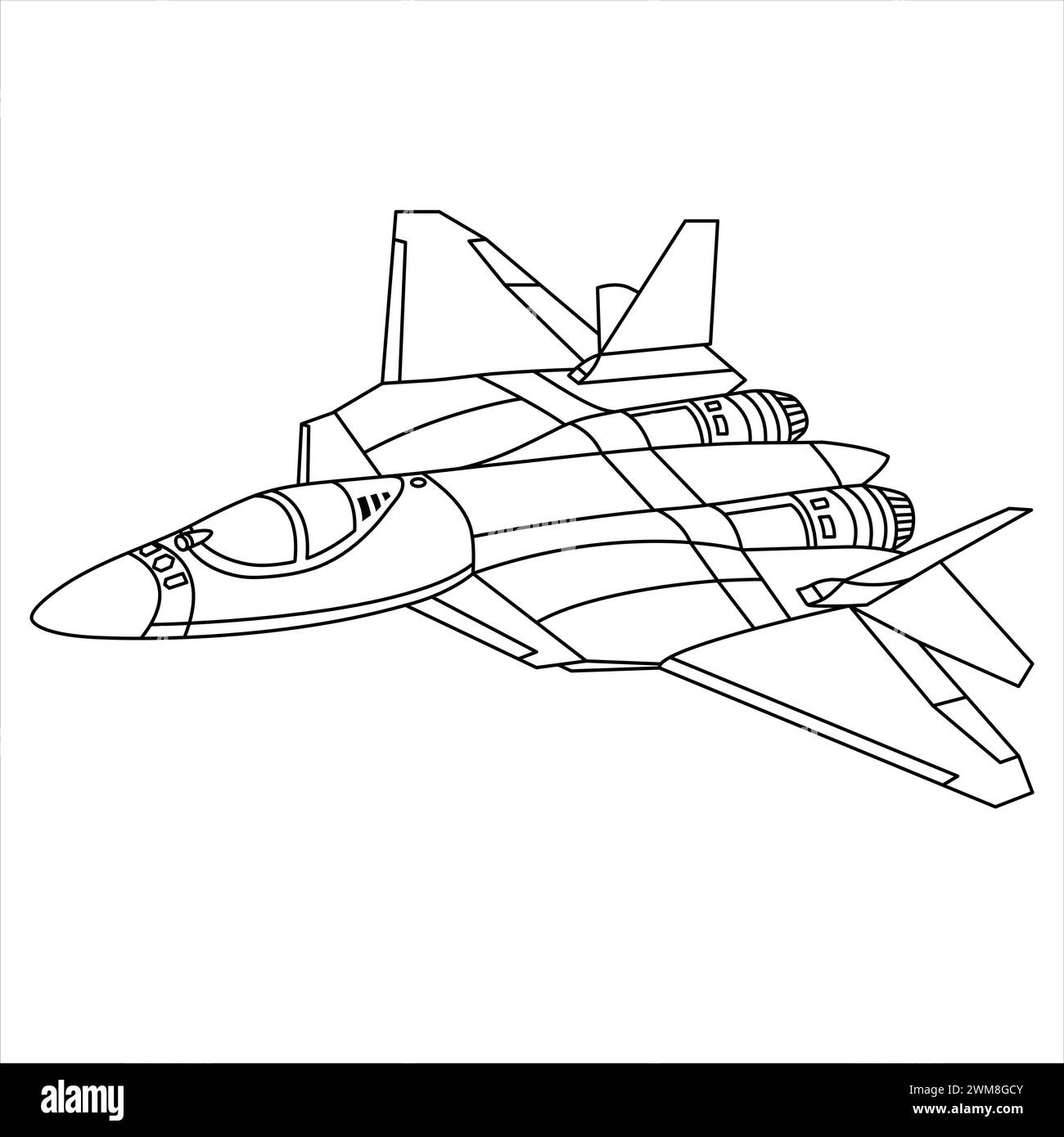 Sukhoi Su-57 Jet Fighter - Russian Stealth Aircraft Outline Design. Aircraft Coloring Page. Cartoon Airplane Isolated on White Background Stock Vector