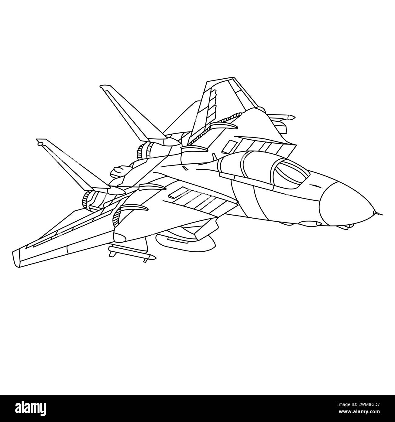 Military Aircraft F-14 Tomcat Outline Illustration. Fighter Jet F14 Coloring Book For Children And Adults. Cartoon Airplane Isolated on White Backgrou Stock Vector