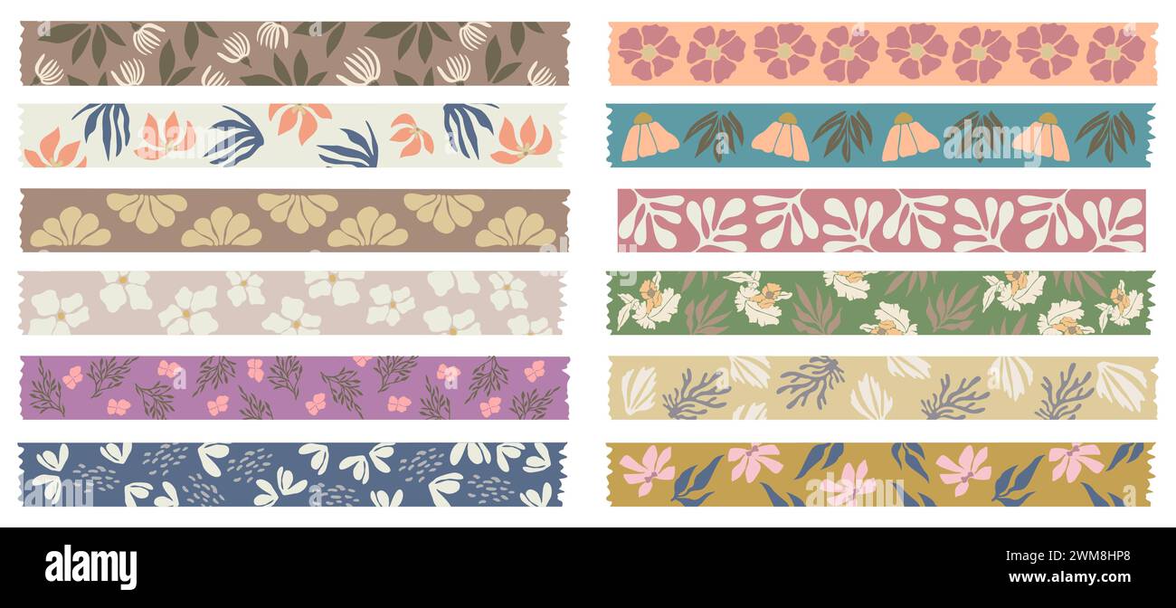 Set of Washi tapes with floral patterns. Stock Vector