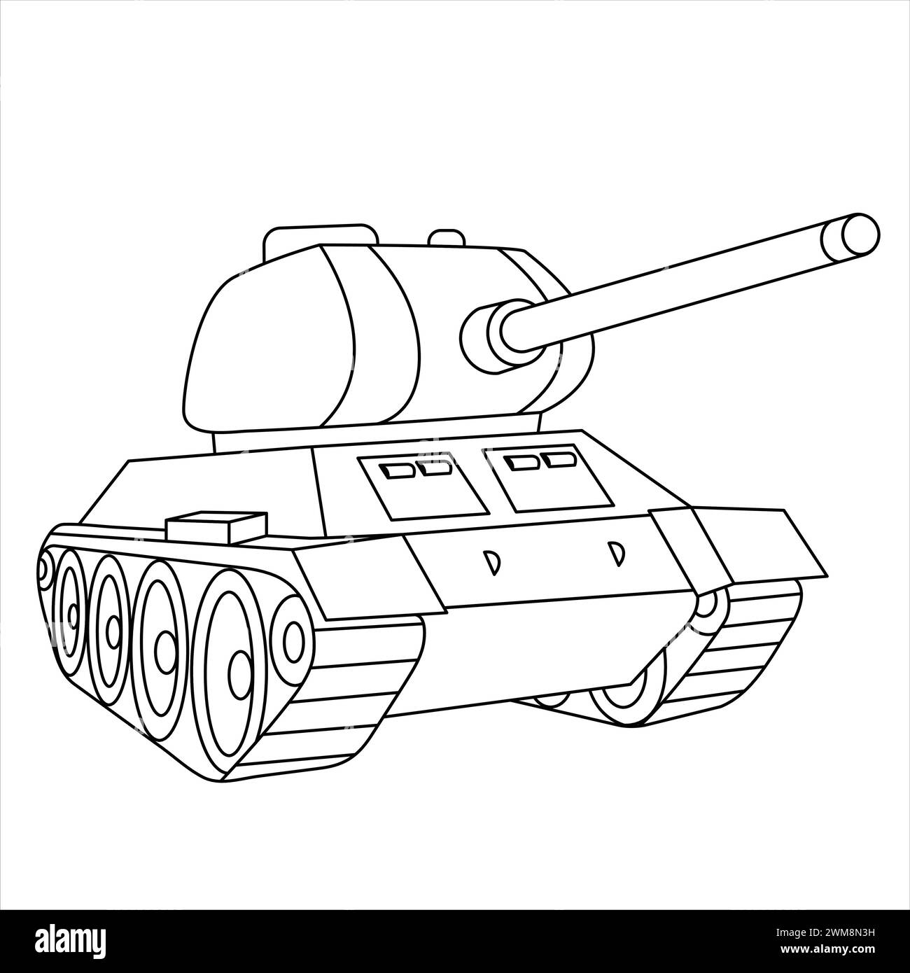 Tank Coloring Page. Military Vehicle Cartoon Illustration. Line Art Drawing For Kids And Adults Stock Vector