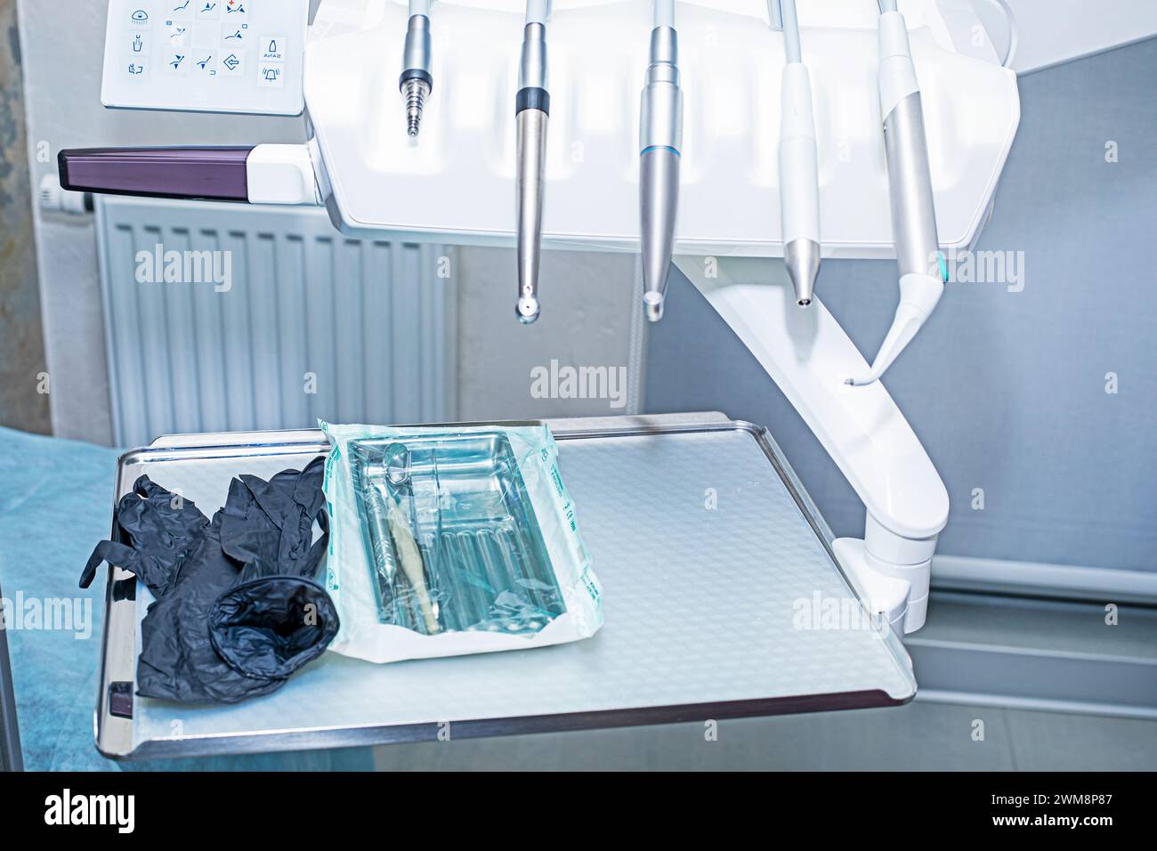 dental bur machine with attachments, instruments and disposable gloves