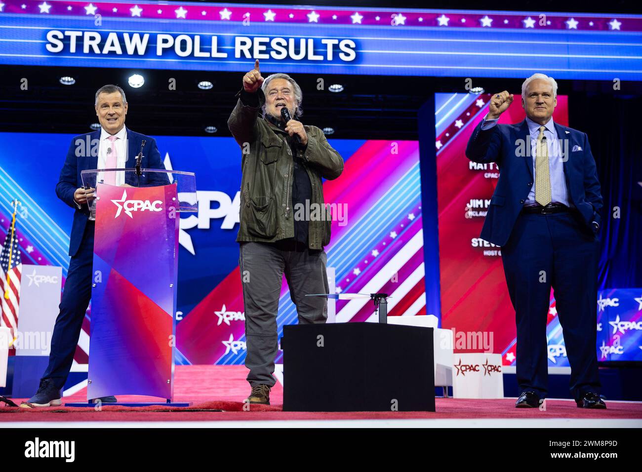 From left, pollster Jim McLaughlin, War Room podcast host Steve Bannon