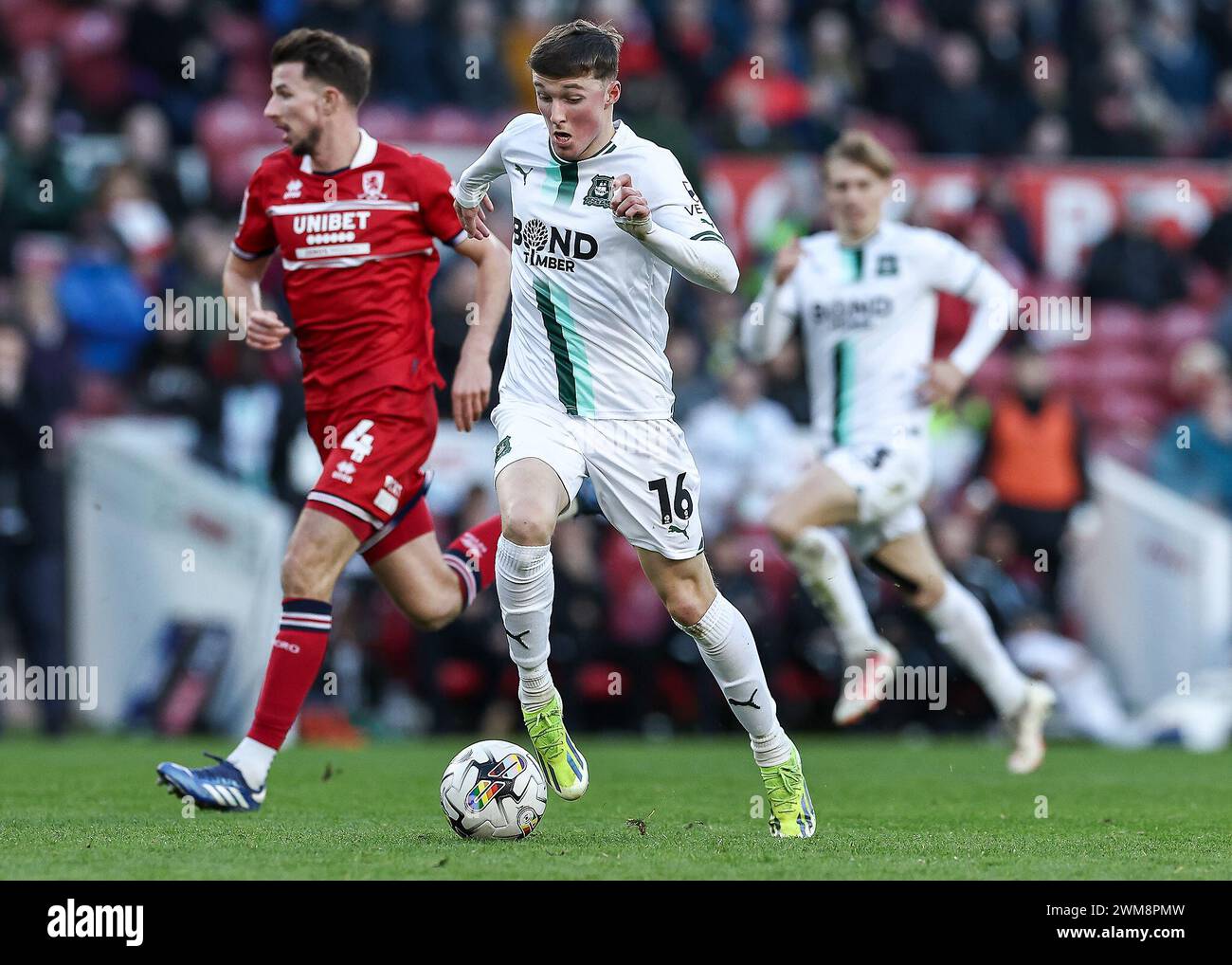 Alfie Devine of Plymouth Argyle in action with the ball during the Sky Bet Championship match