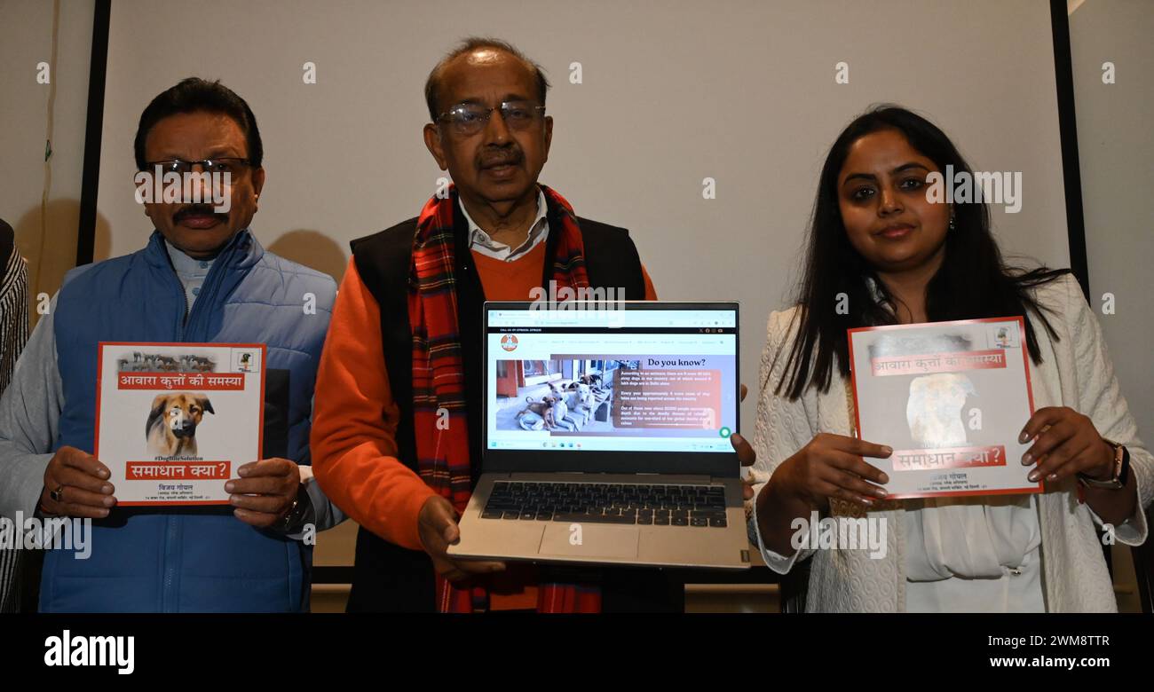 NEW DELHI, INDIA -FEBRUARY 24: Former Union Minister and co-ordinator of 'Lok Abhiyan' Vijay Goel and others launched a new website “www.dogproblem.in” today at the Constitution Club on the increasing problem of stray dog bites in Delhi and across the country. at Constitution Club, on February 24, 2024 in New Delhi, India. Lok Abhiyan has now started a countrywide campaign to resolve the problem of stray dog bites. The menace of stray dogs is increasing day by day in the country including the capital city Delhi. The general public often appears helpless against this menace. (Photo by Sonu Meht Stock Photo