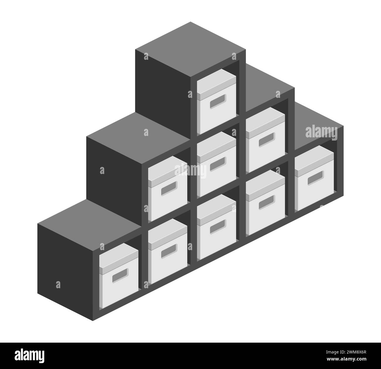 storage shelf bookcase with parcel boxes isometric vector flat illustration Stock Vector