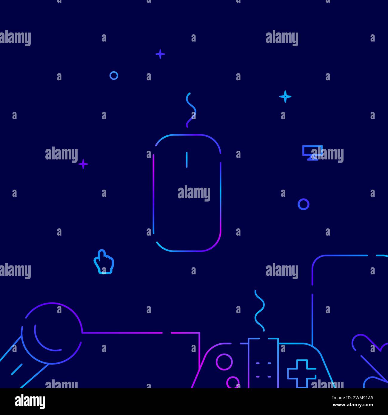 Computer mouse gradient line vector icon, simple illustration on a dark blue background, gadgets related bottom border. Stock Vector