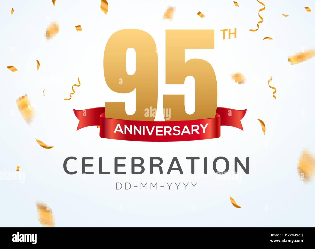 95 Anniversary gold numbers with golden confetti. Celebration 95th anniversary event party template Stock Vector