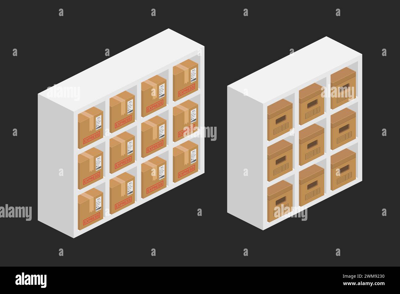 storage shelf bookcase with parcel boxes isometric vector flat illustration Stock Vector