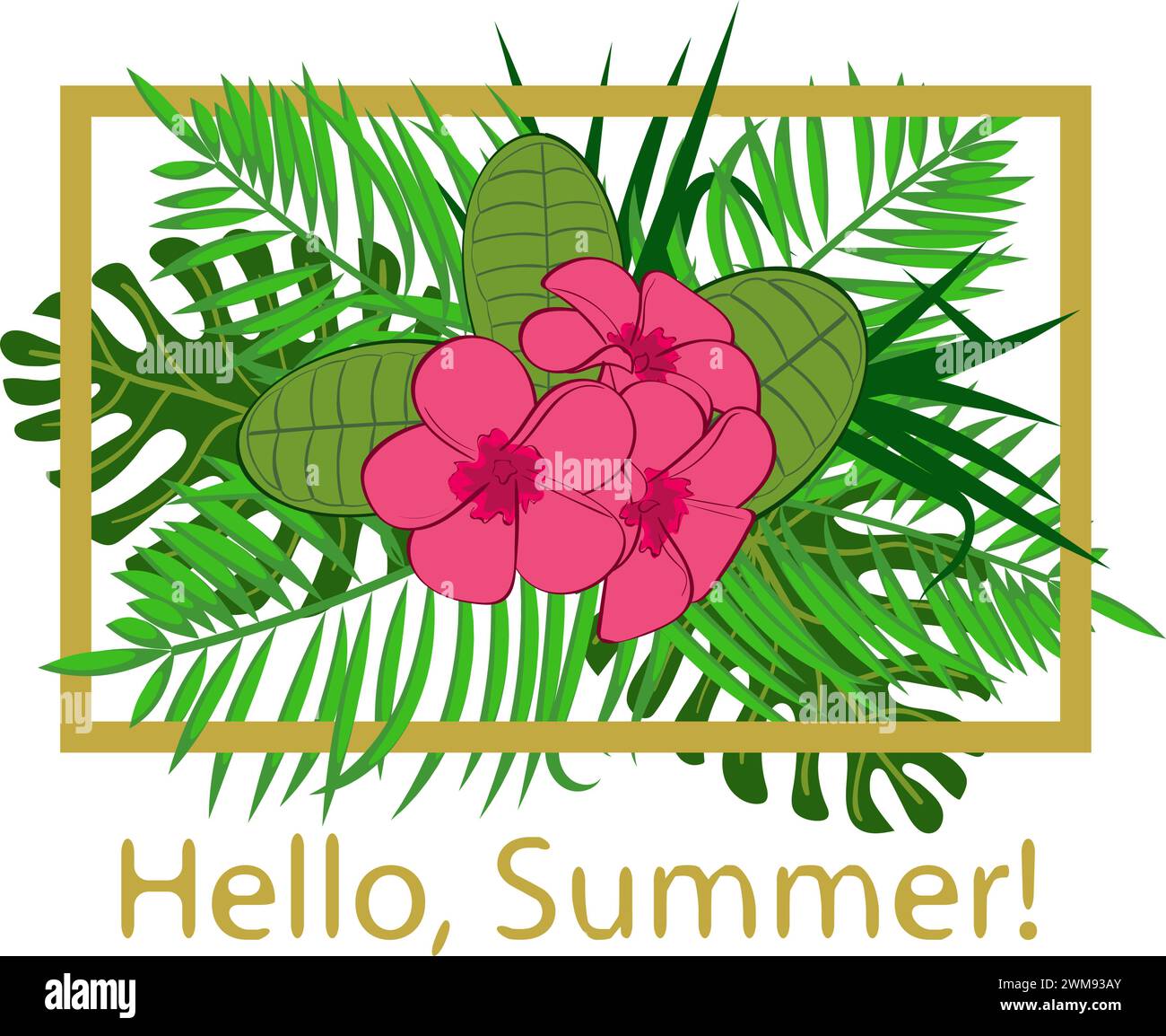 Hello summer vector illustration. Beautiful tropical flowers and plants with gold frame Stock Vector