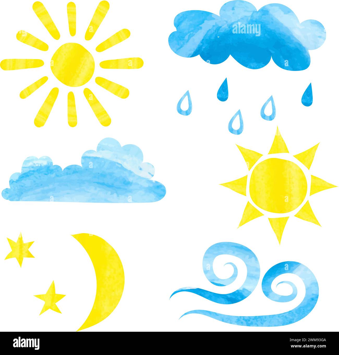 Set of watercolor weather icons. Watercolor sun, clouds, moon, stars and wind. Vector illustrations isolated on white background Stock Vector
