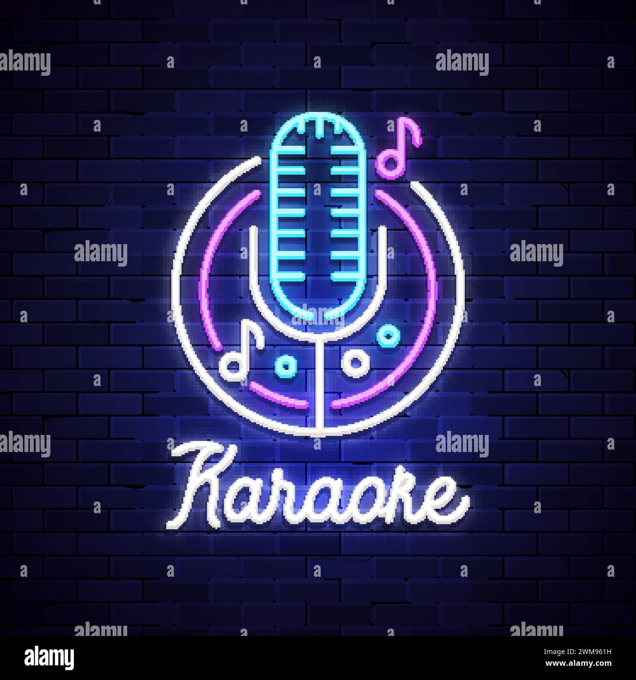 Karaoke neon night bar. Mocrophone karaoke logo sign disco music, neon ...