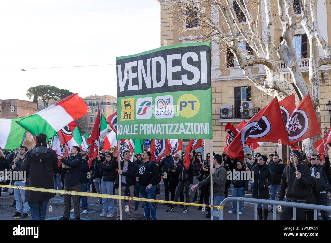 Rome, Italy. 24th Feb, 2024. Protest in front of the Ministry of Infrastructure and Transport in Rome organized by the far-right political movement CasaPound against the privatization of public companies. (Photo by Matteo Nardone/Pacific Press/Sipa USA) Credit: Sipa USA/Alamy Live News Stock Photo