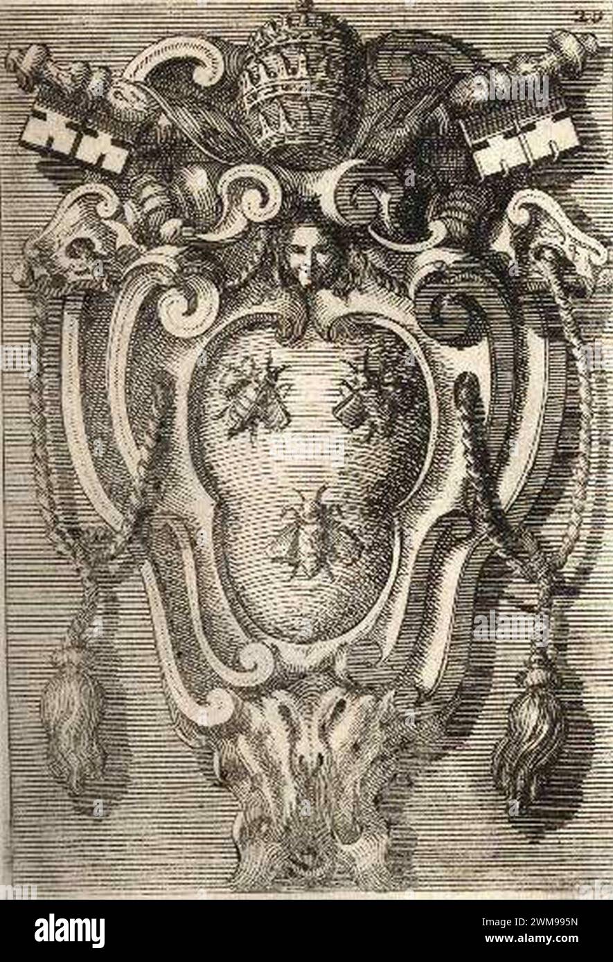 Bernini's coat of arms of Urban VIII in the Baldachin of Saint Peter's Basilica by Filippo Juvarra (1711). Stock Photo