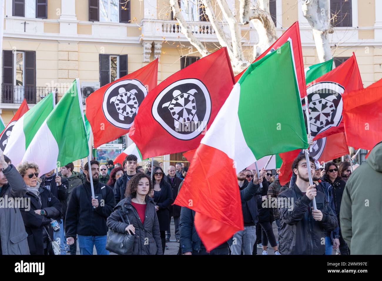 Rome, Italy. 24th Feb, 2024. Protest in front of the Ministry of Infrastructure and Transport in Rome organized by the far-right political movement CasaPound against the privatization of public companies. (Credit Image: © Matteo Nardone/Pacific Press via ZUMA Press Wire) EDITORIAL USAGE ONLY! Not for Commercial USAGE! Stock Photo