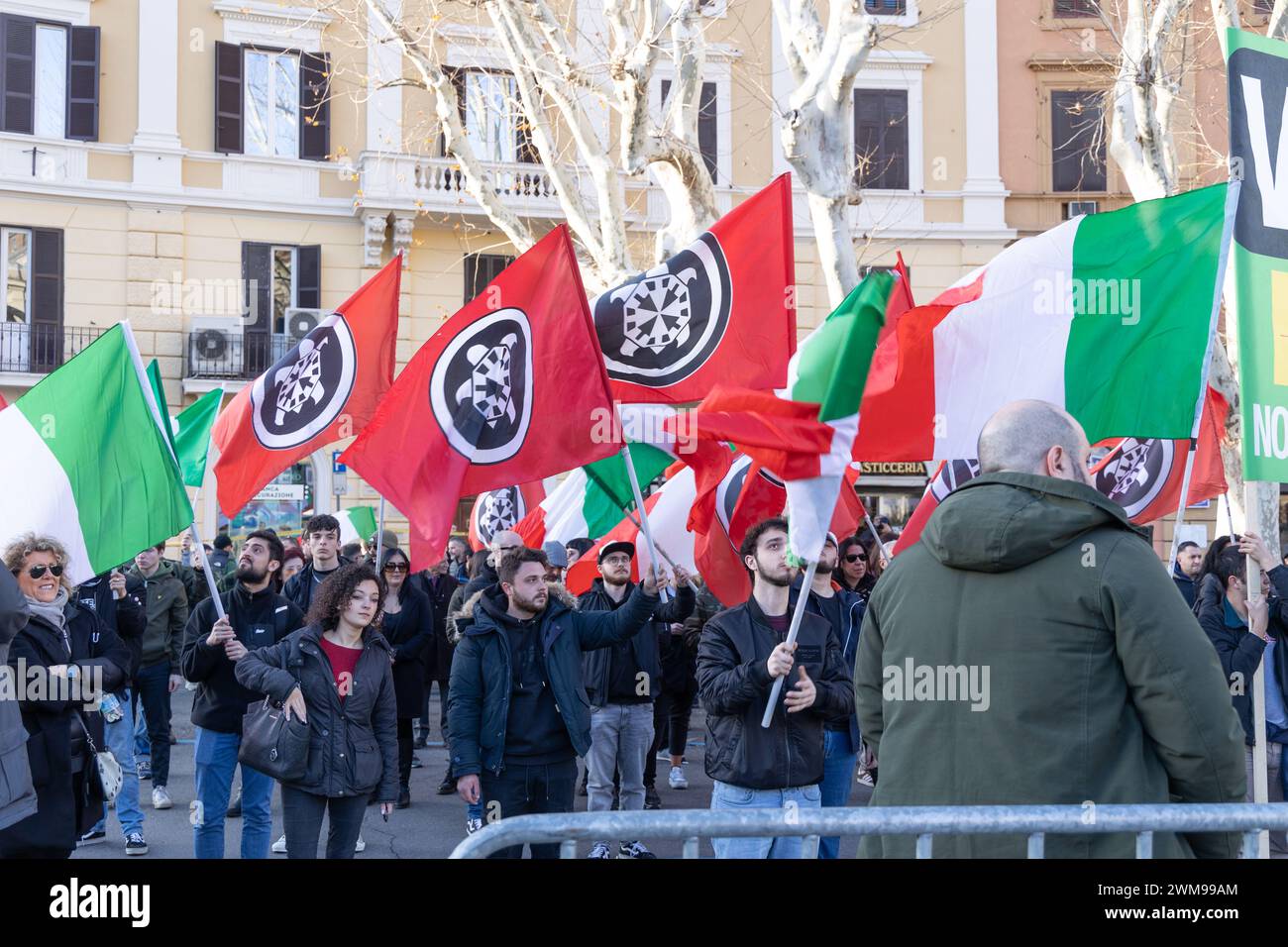 Rome, Italy. 24th Feb, 2024. Protest in front of the Ministry of Infrastructure and Transport in Rome organized by the far-right political movement CasaPound against the privatization of public companies. (Credit Image: © Matteo Nardone/Pacific Press via ZUMA Press Wire) EDITORIAL USAGE ONLY! Not for Commercial USAGE! Stock Photo