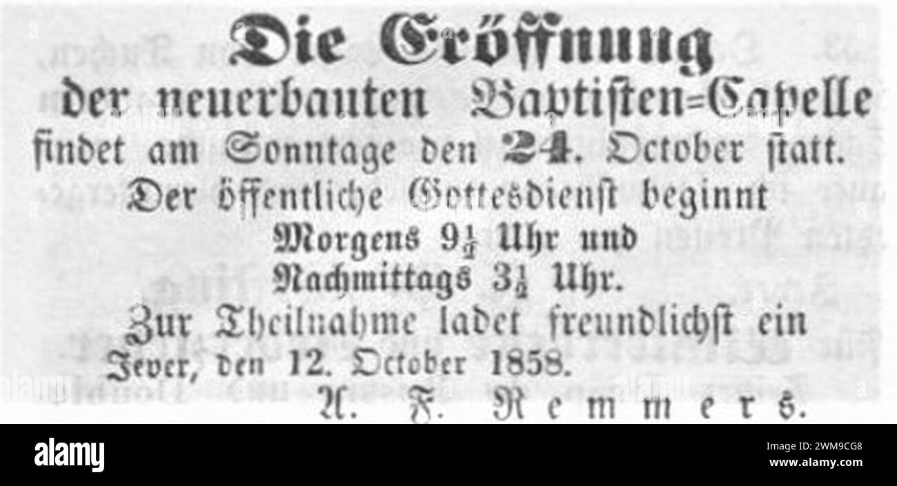 Bethauseinweihung 1858 Anzeige. Stock Photo