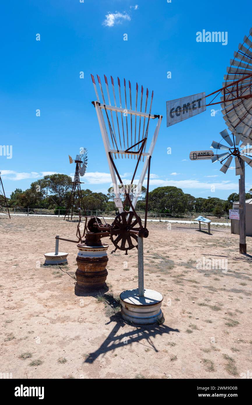 Unusual vintage Windmill on display at Penong Windmill Museum. South Australia, SA, Australia Stock Photo