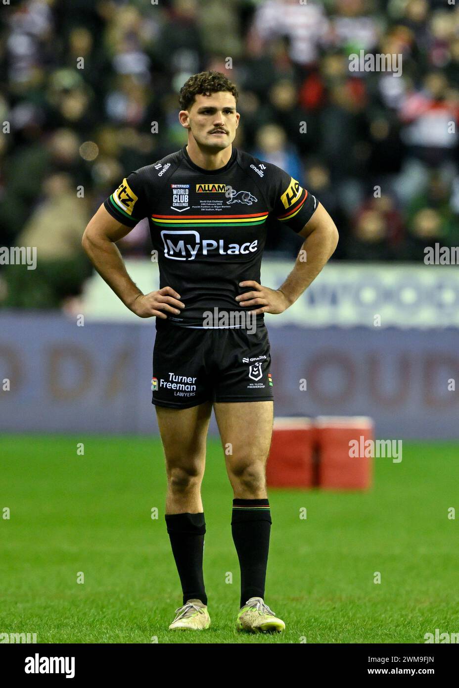 Wigan, UK. 24th Feb, 2024. Nathan Cleary of Penrith Panthers warms up