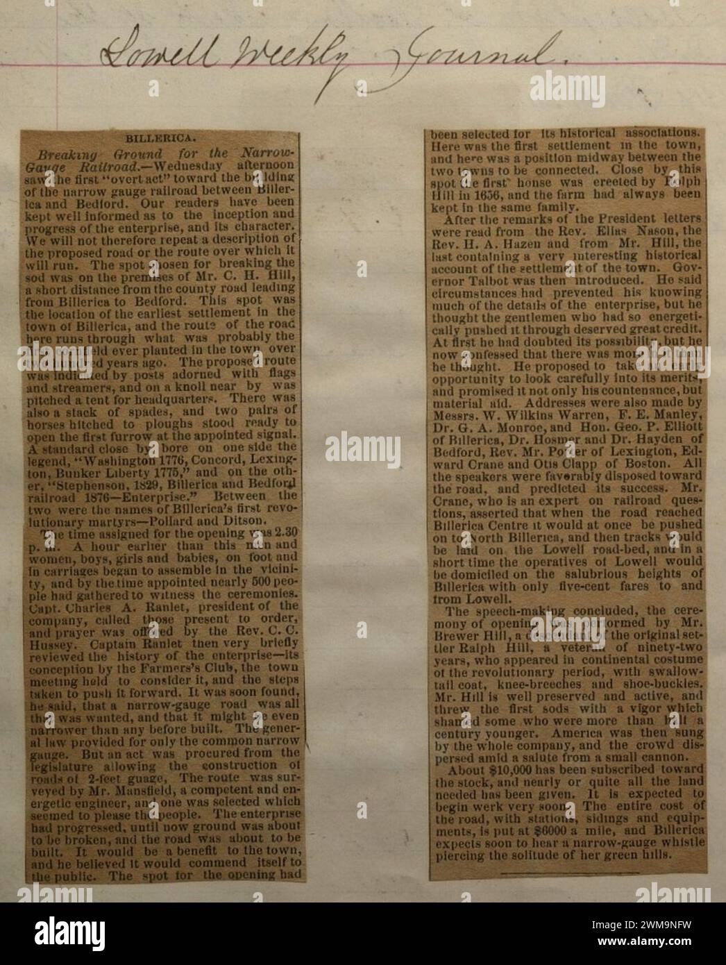 Billerica. Breaking Ground for the Narrow-Gauge Railroad. In Lowell Weekly Journal. Newspaper clipping collected by George E. Mansfield. Stock Photo