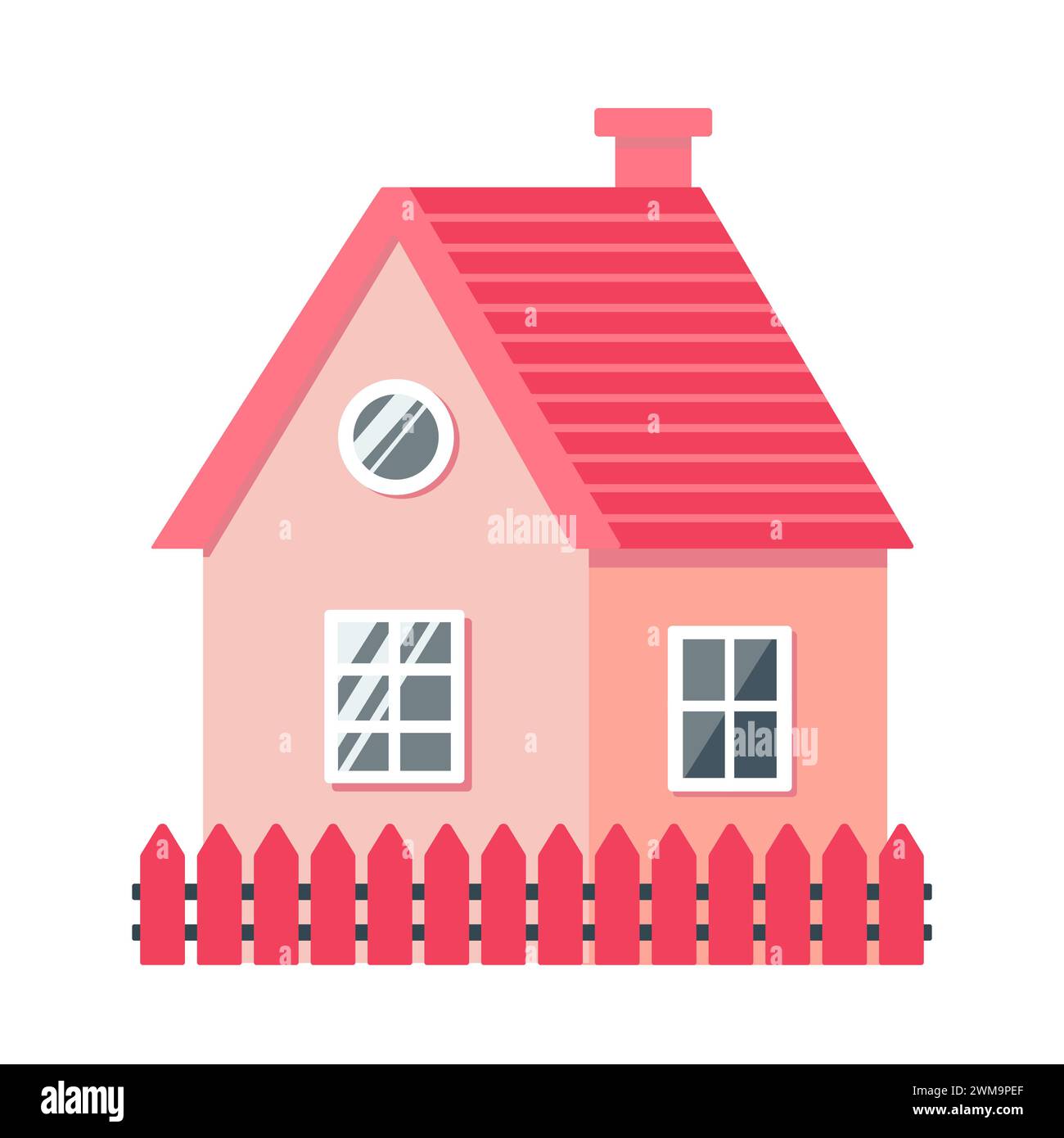 House with pink walls and red roof. Red fence. Vector illustration Stock Vector