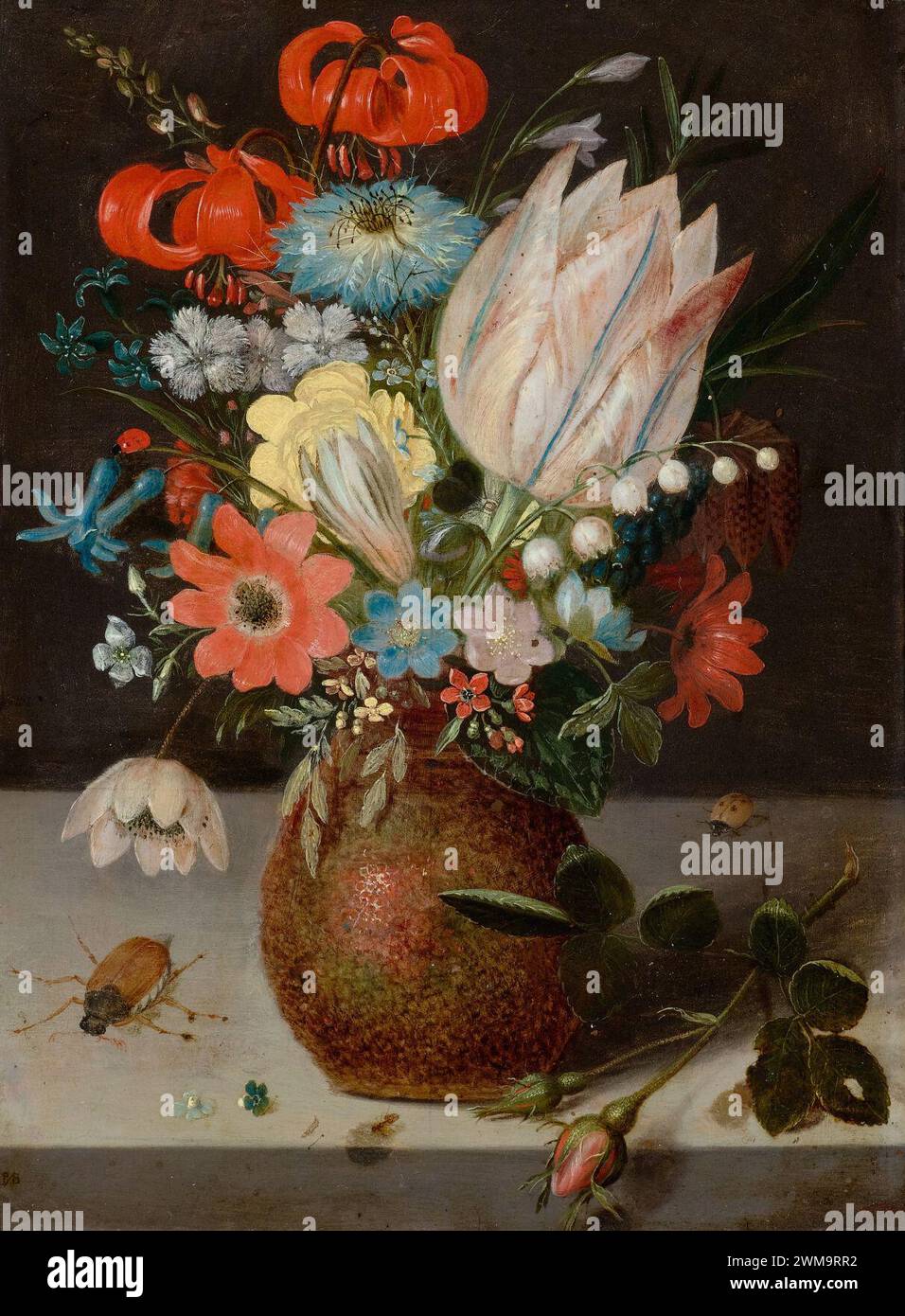 Peter Binoit Still life of flowers, with tulip, snowdrops, chequered