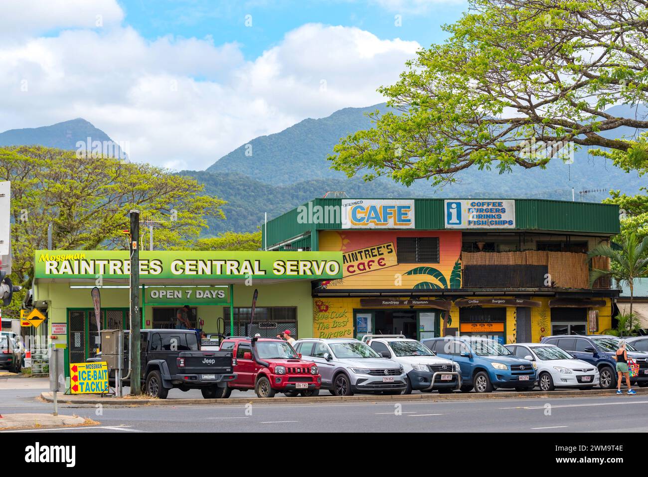 The Raintrees Central Servo and Jamaican Raintrees (Samanea saman) in the town of Mossman in north Queensland, Australia Stock Photo