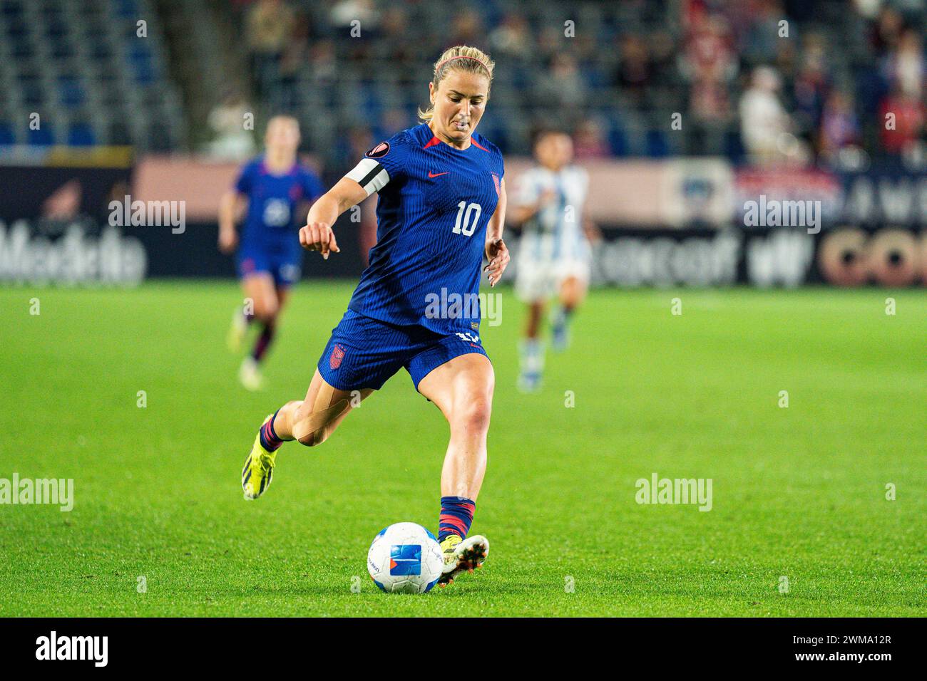 United States midfielder Lindsey Horan (10) takes a shot during the Concacaf W Gold Cup Group A match against Argentina, Friday, February 23, 2024, at Stock Photo