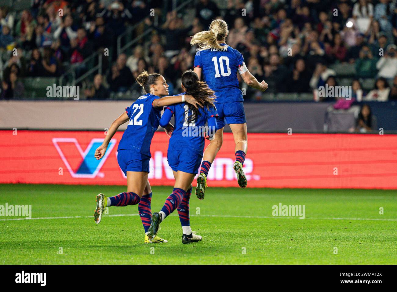 United States midfielder Lindsey Horan (10) celebrates a goal during the Concacaf W Gold Cup Group A match against Argentina, Friday, February 23, 202 Stock Photo