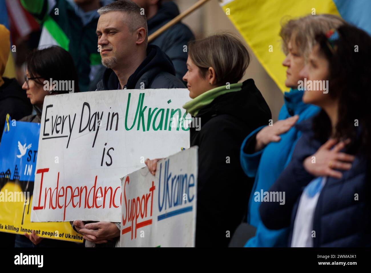 Portland, USA. 24th Feb, 2024. Hundreds of people rallied in Pioneer