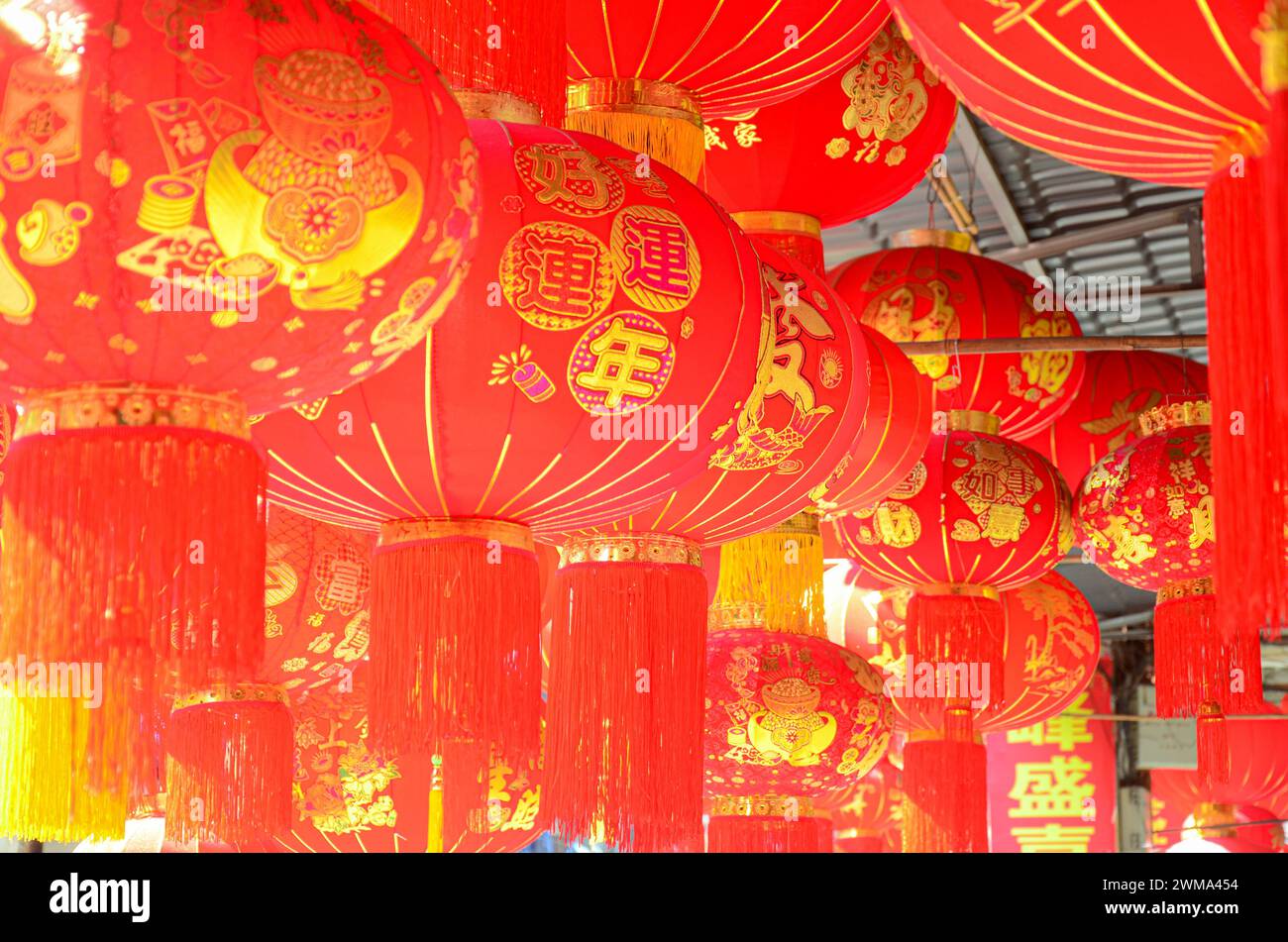 The traditional Chinese red lanterns hanging in front of people’s house for the lunar New Year,Jiangmen,South China’s Guangdong Province. Stock Photo