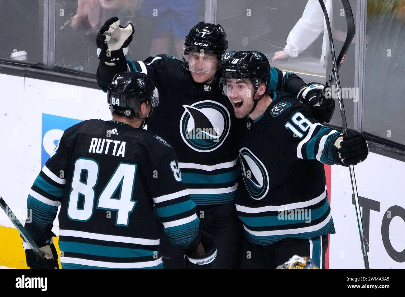 San Jose Sharks' Filip Zadina (18) celebrates with Nico Sturm, center ...