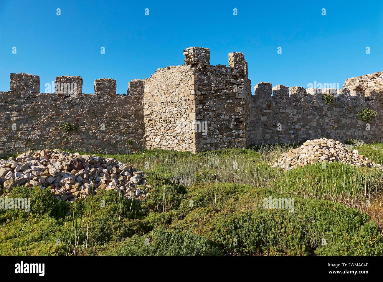 Wide angle shot of a towering castle wall surrounded by greenery with sky in the background, sea fortress Methoni, Peloponnese, Greece Stock Photo
