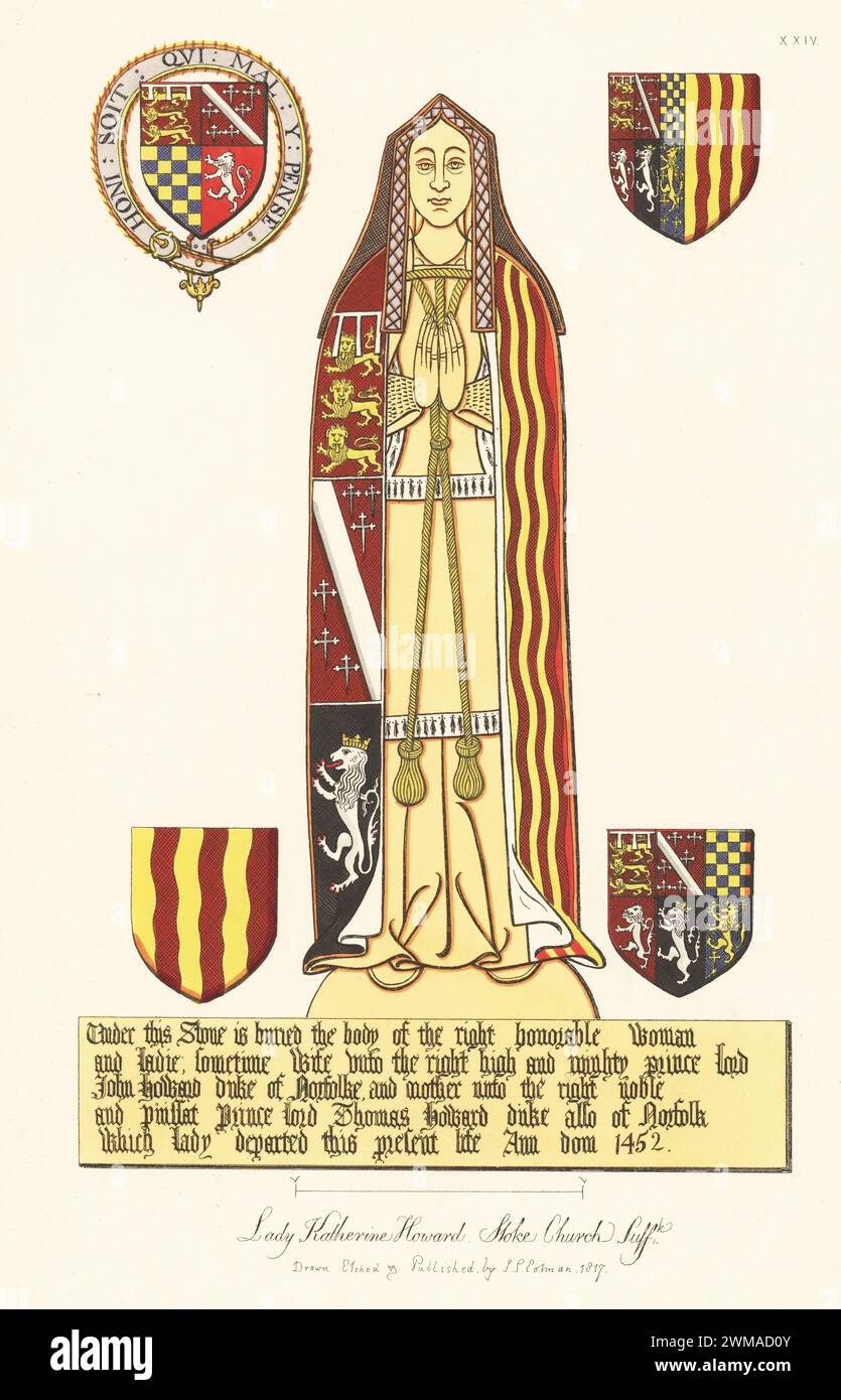 Monumental brass of Lady Katherine Howard, died 1465. Wife of Sir John Howard, Duke of Norfolk, of Tendring Hall, Stoke. In gable headdress, heraldic mantle, ermine-trimmed surcote, with four coats of arms. Handcoloured copperplate engraving drawn, etched and published by John Sell Cotman in Engravings of the Most Remarkable of the Sepulchral Brasses in Suffolk, Henry Bohn, London, 1818. Stock Photo