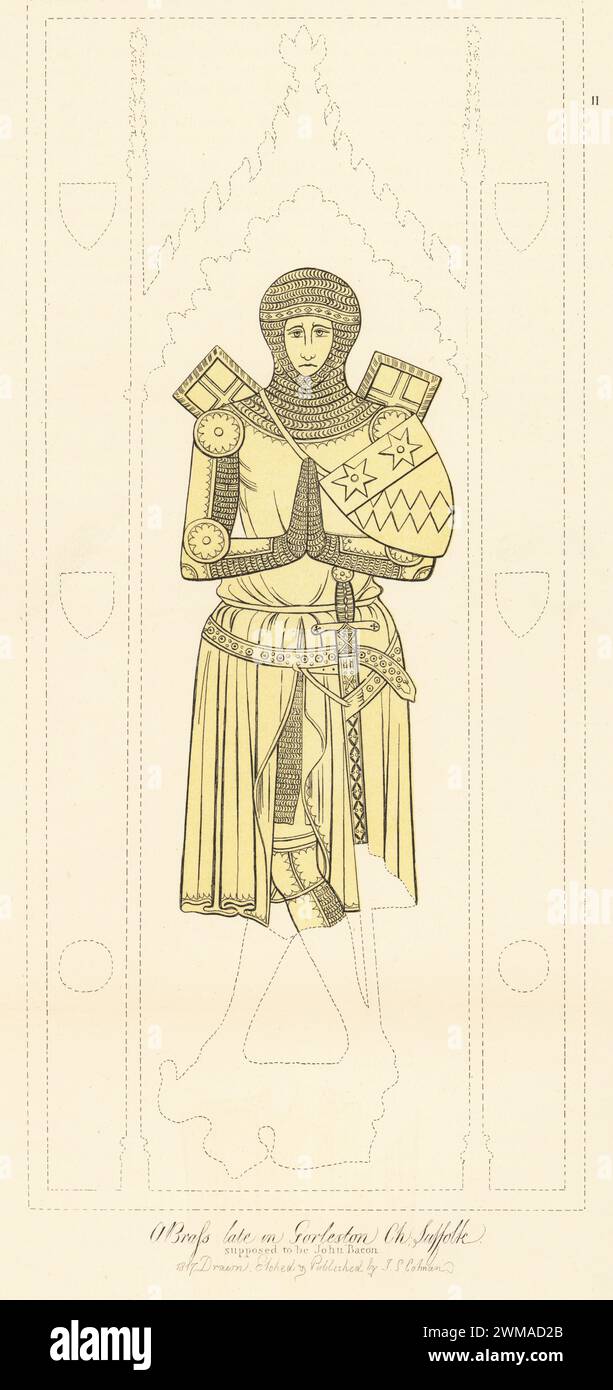 Monumental brass of John Bacon in Gorleston Church, Suffolk, 14th century. Knight in chainmail hauberk, tunic, sword and armorial shield. Handtinted copperplate engraving drawn, etched and published by John Sell Cotman in Engravings of the Most Remarkable of the Sepulchral Brasses in Suffolk, Henry Bohn, London, 1818. Stock Photo