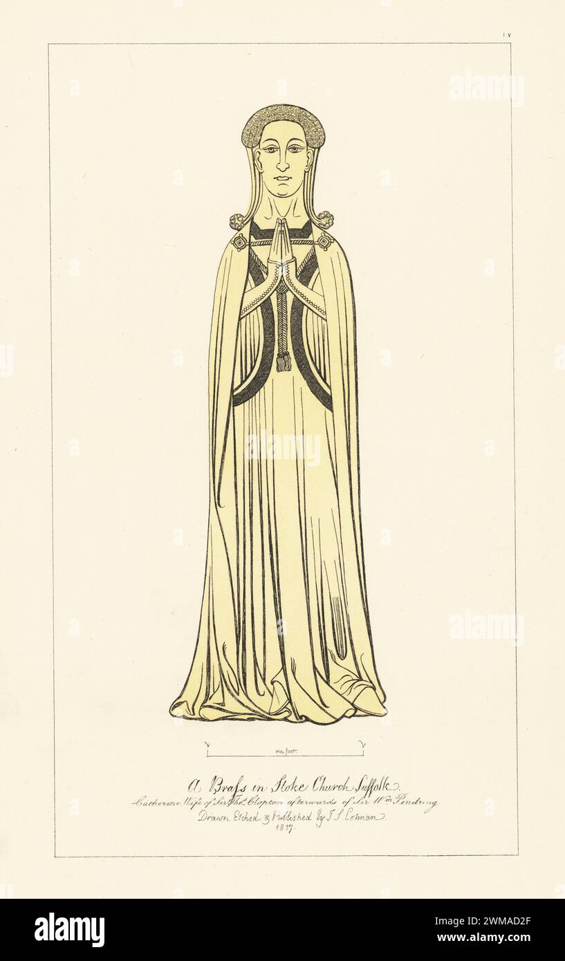 Monumental brass of Catherine, in Stoke Church, Suffolk. Wife of Sir Thomas Clopton, afterwards of Sir William Pendring. In surcote and mantle. Handtinted copperplate engraving drawn, etched and published by John Sell Cotman in Engravings of the Most Remarkable of the Sepulchral Brasses in Suffolk, Henry Bohn, London, 1818. Stock Photo