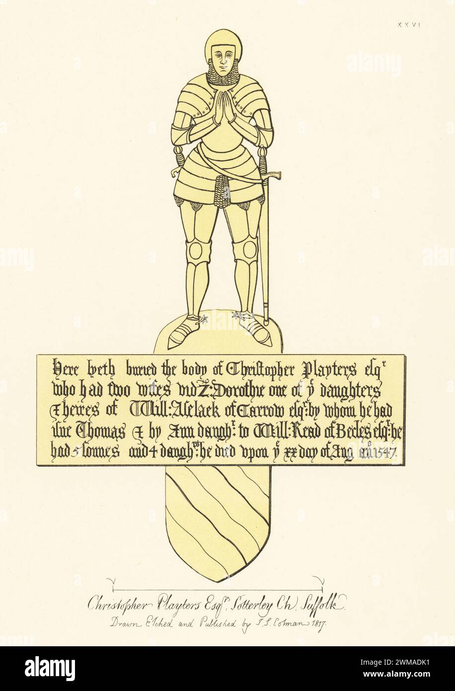 Monumental brass of Christopher Playters Esq., St Margaret's church, Sotterley, Suffolk, 16th century. Man in suit of plate armour, hands in prayer, died 1547. Handtinted copperplate engraving drawn, etched and published by John Sell Cotman in Engravings of the Most Remarkable of the Sepulchral Brasses in Suffolk, Henry Bohn, London, 1818. Stock Photo