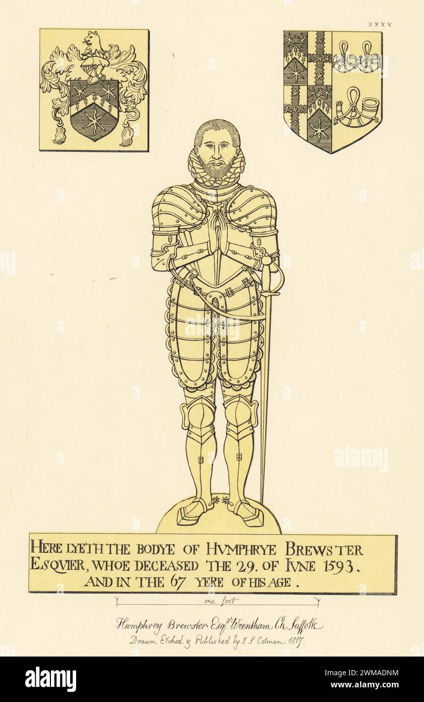 Monumental brass of Humphrey Brewster, lord of Wrentham Hall, married Alice Forster, died 1593. In ruff collar and suit of Elizabethan armour, with coats of arms of Brewster (L) and Brewster impaling Forster (R) in St. Nicholas's church, Wrentham, Suffolk. Handtinted copperplate engraving drawn, etched and published by John Sell Cotman in Engravings of the Most Remarkable of the Sepulchral Brasses in Suffolk, Henry Bohn, London, 1818. Stock Photo