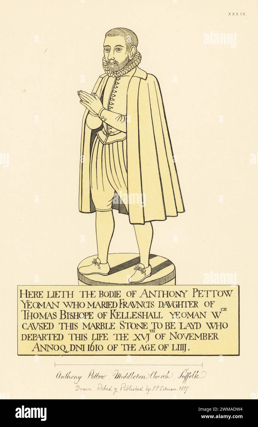 Monumental brass of Anthony Pettow, Elizabethan yeoman, married Frauncis Bishope, died 1610. In ruff collar, cape, doublet and breeches, in Holy Trinity church, Middleton, Suffolk. Handtinted copperplate engraving drawn, etched and published by John Sell Cotman in Engravings of the Most Remarkable of the Sepulchral Brasses in Suffolk, Henry Bohn, London, 1818. Stock Photo