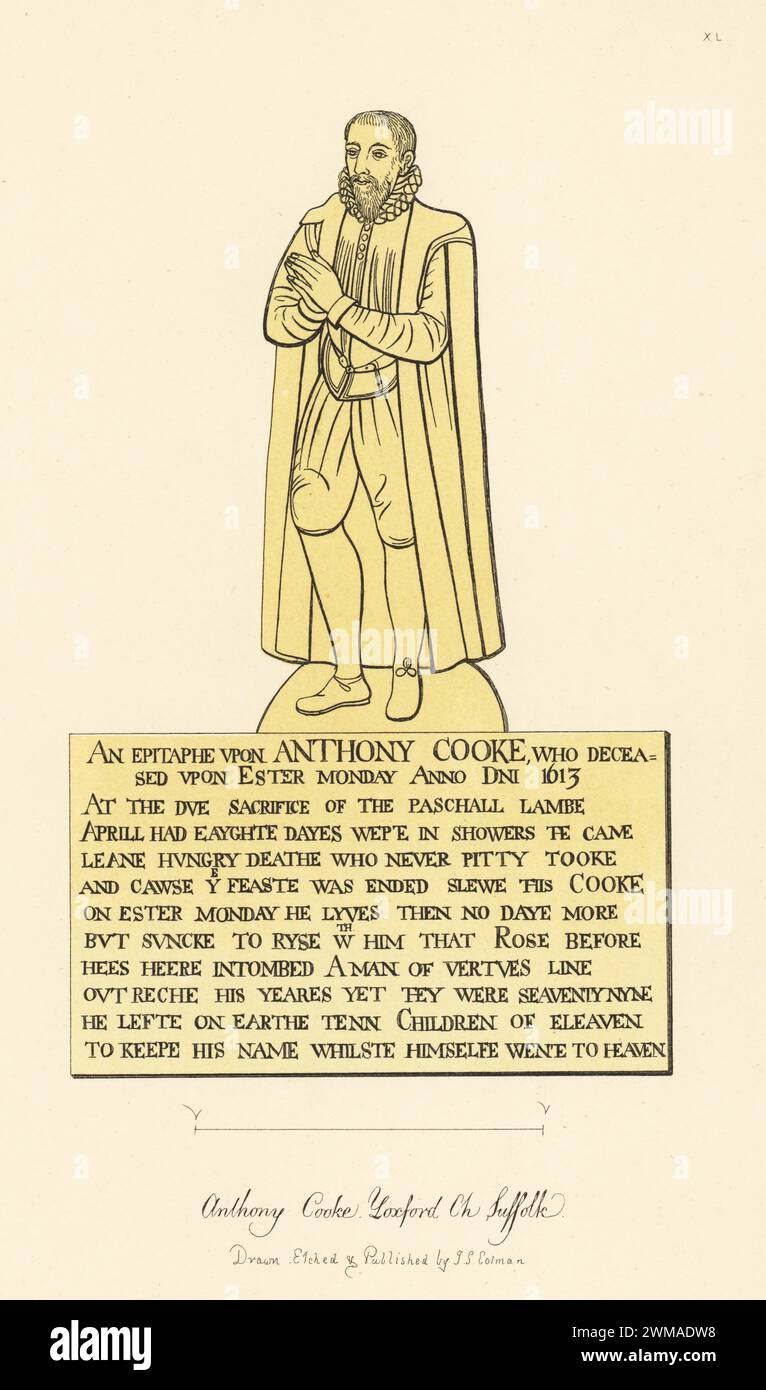 Monumental brass of Anthony Cooke, c.1534-1613. Father of 11 children, ten survived him. In ruff collar, doublet, trunk hose and cape, hands in prayer, in St Peter's church, Yoxford, Suffolk. Handtinted copperplate engraving drawn, etched and published by John Sell Cotman in Engravings of the Most Remarkable of the Sepulchral Brasses in Suffolk, Henry Bohn, London, 1818. Stock Photo