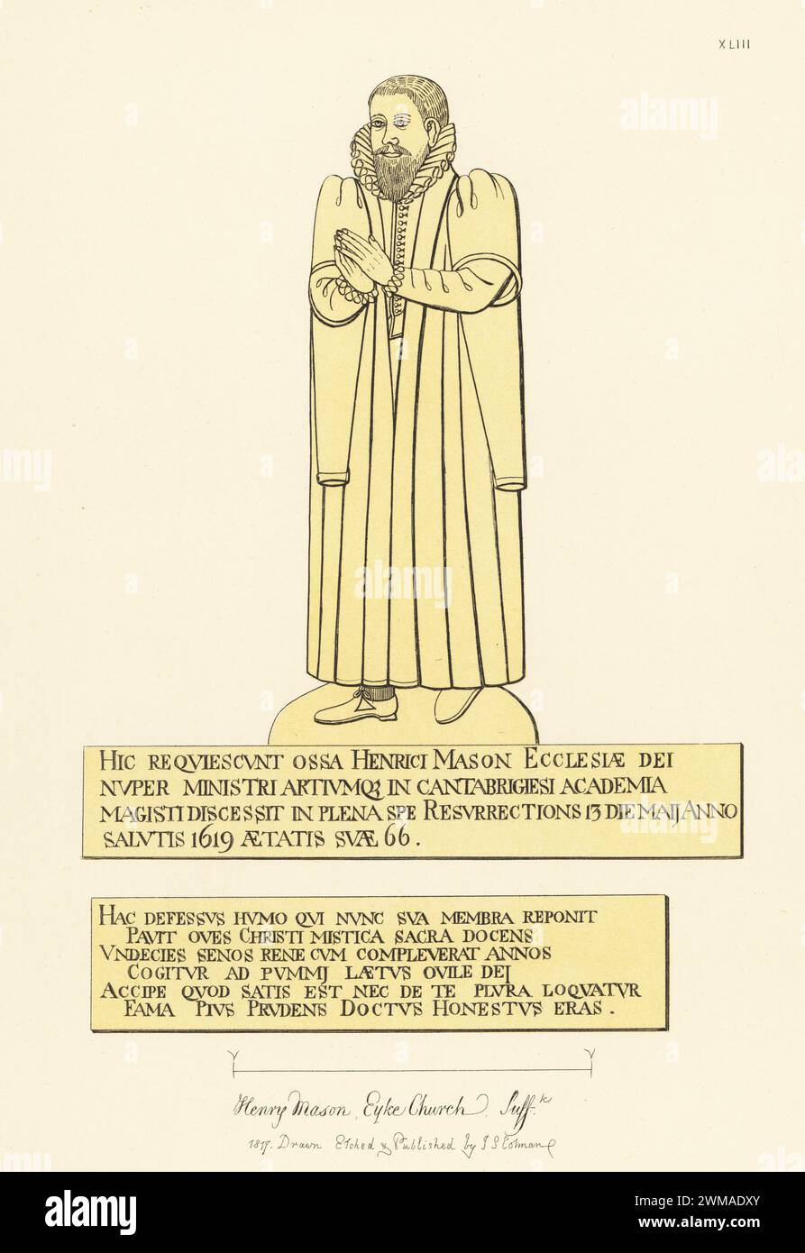Monumental brass of Henry Mason, Henrici Mason, studied at Cambridge, died 1619, aged 66. In ruff collar, gown with hanging sleeves, All Saints church, Eyke, Suffolk. Handtinted copperplate engraving drawn, etched and published by John Sell Cotman in Engravings of the Most Remarkable of the Sepulchral Brasses in Suffolk, Henry Bohn, London, 1818. Stock Photo