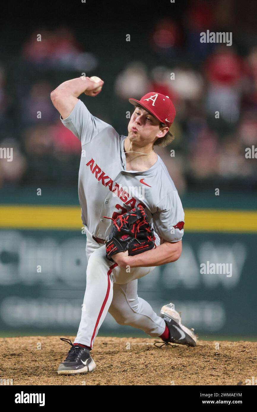 February 24, 2024: Razorback pitcher Gabe Gaeckle #20 prepares to ...